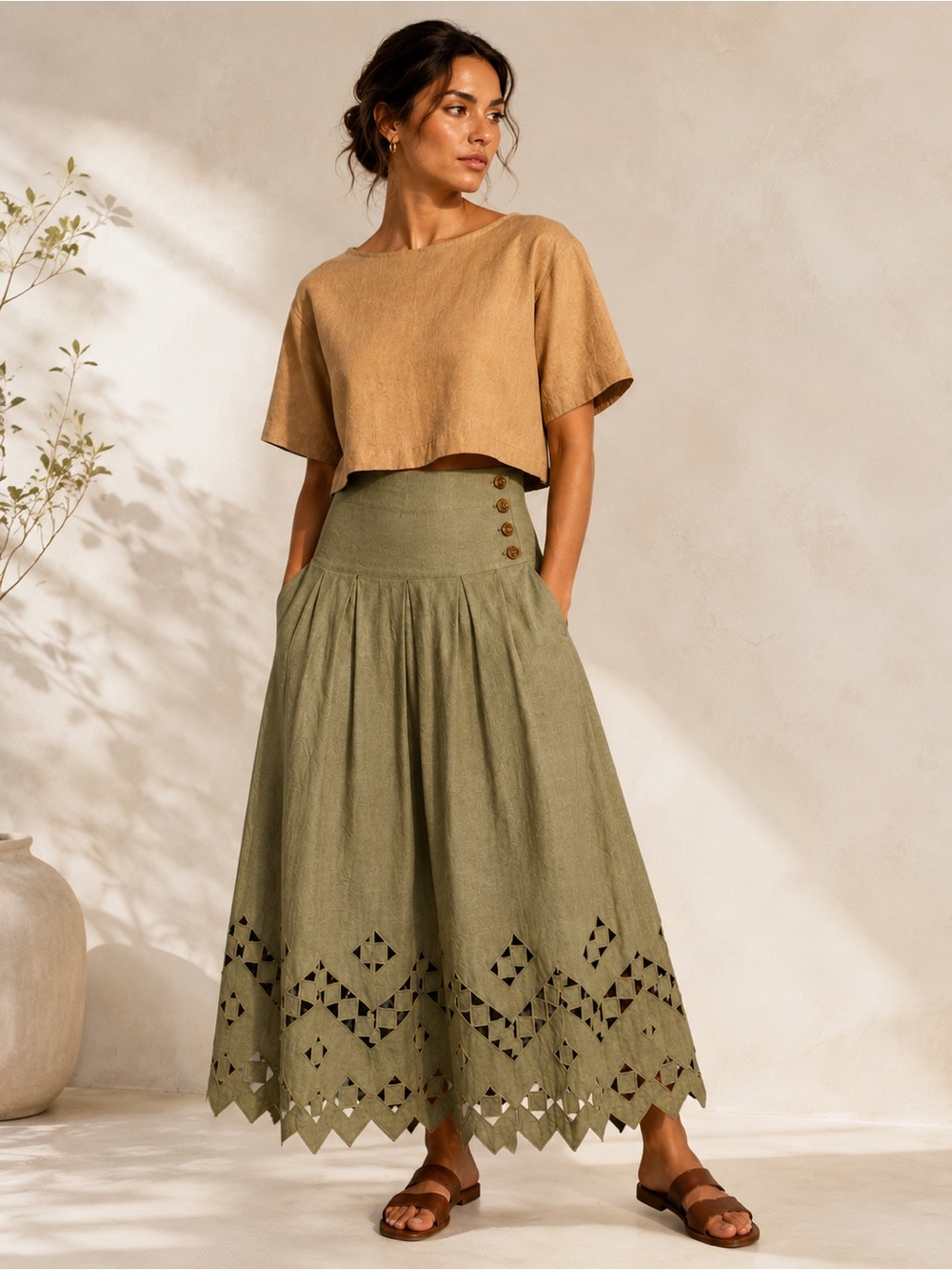 Ellen Tracy Olive Green Maxi Skirt with Laser-Cut Hem